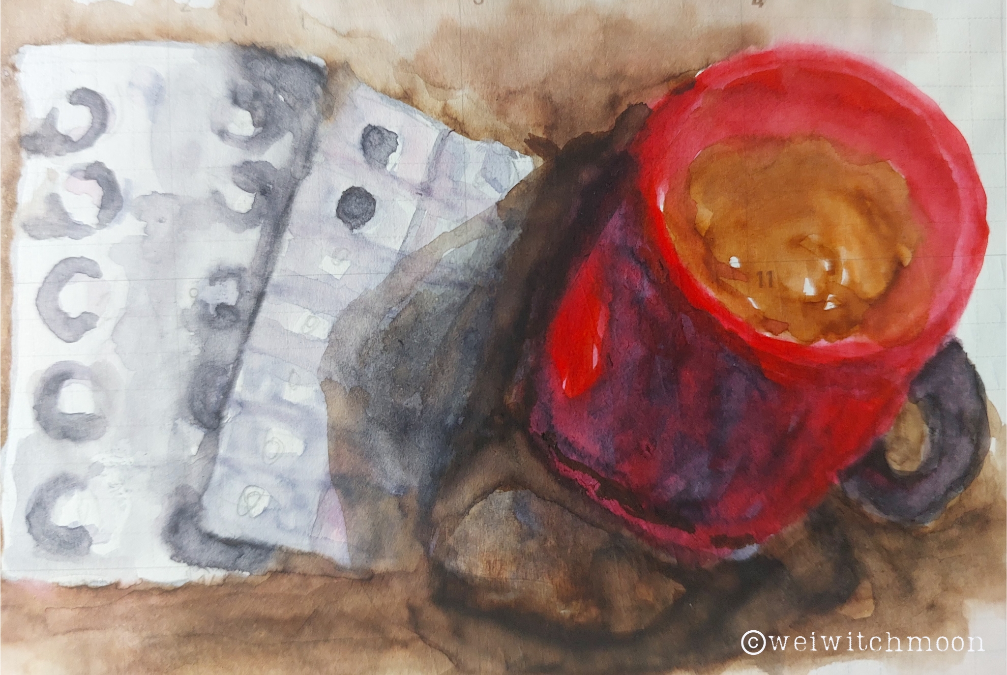 An abstract painting of a red mug filled with coffee next to two pads of unidentifiable medicines